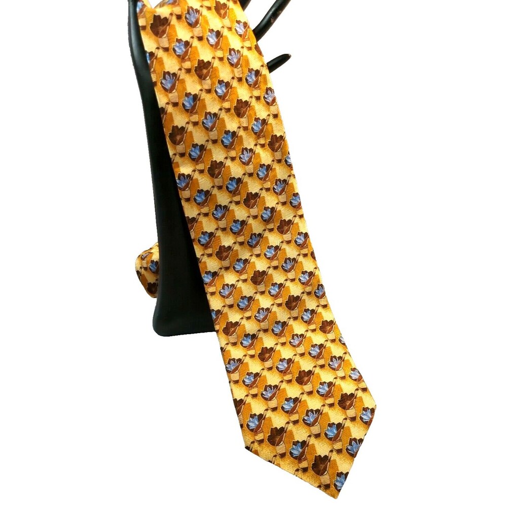 Vintage Ermenegildo Zegna tie gold brown blue silk 4" wide Disegno Exclusivo